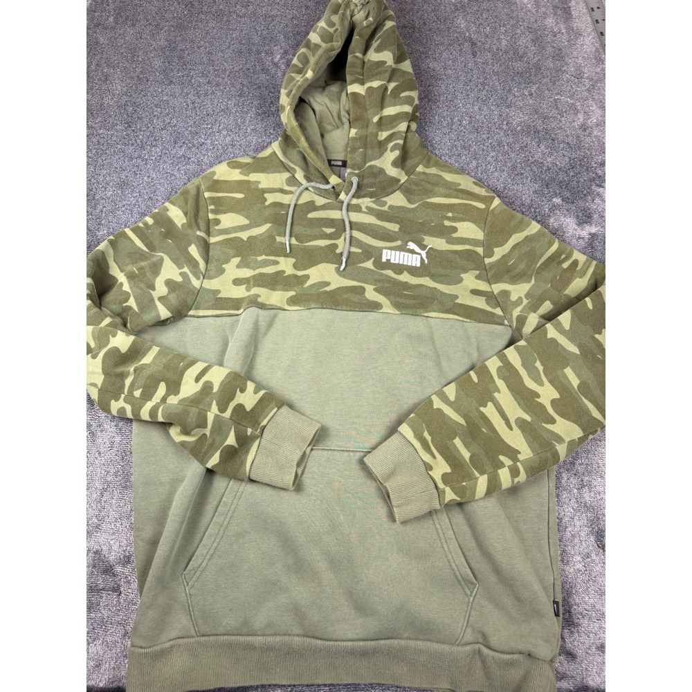 Puma Mens Camo Block Hoodie Olive Green Camouflage Pullover Sweatshirt Large